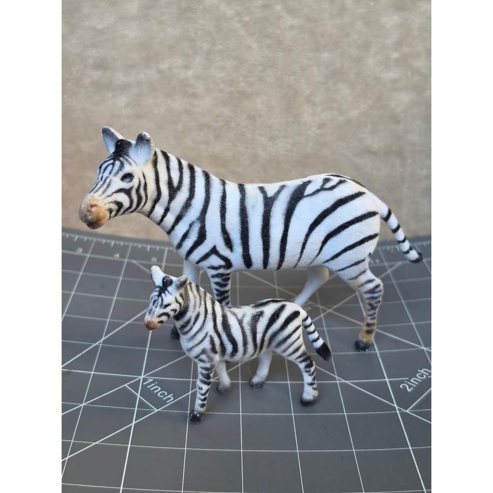 Vintage Flocked Zebra Mother and Foal Figurine Set Safari Nursery Decor 2pc